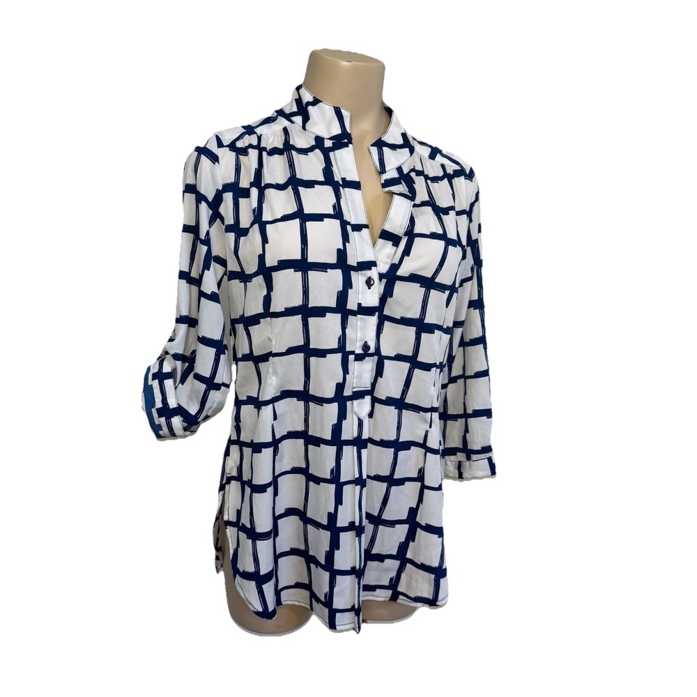 Antilia Femme Blue And White Pullover Tunic Tab Sleeves Nautical Blouse Small‎